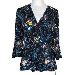 BCX Women's Faux-Wrap Polka Dot Peplum 3/4 Bell Sleeves Top Sz L